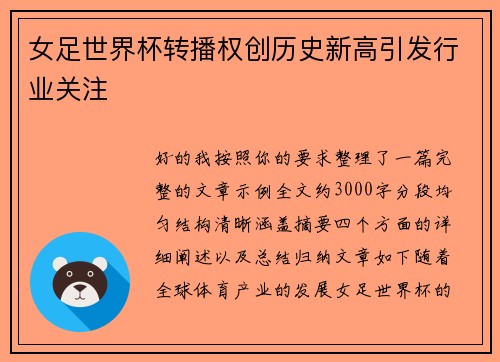 女足世界杯转播权创历史新高引发行业关注